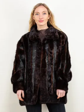 Vintage 80's Women Fur and Leather Coat in Black and Brown